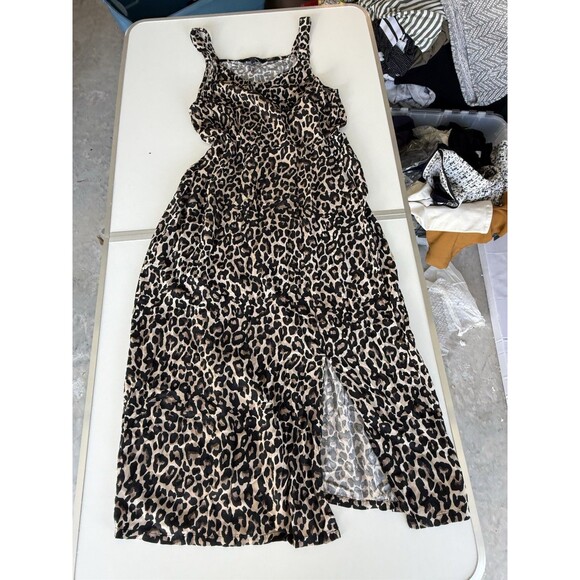 Vero Moda Cheetah Leopard Animal Print Midi Dress Side Slit Spaghetti Strap - Picture 2 of 4